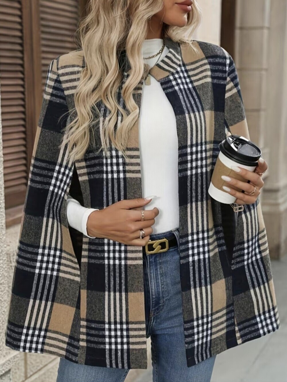 Women'S Elegant Plaid Hooded Cloak Coat, Fall Winter Style